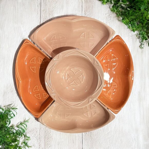 Vintage MCM Maurice of CA Pottery Serving Dish Chip Dip 5 Piece Coral Rose S-14 - Picture 1 of 12